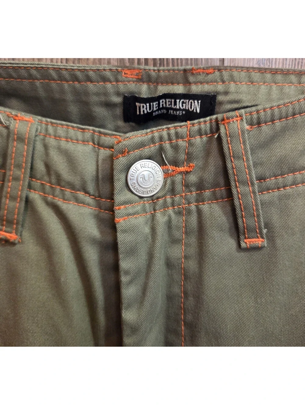 True Religion Brand Jeans Olive Green w/ Orange Contrast Cargo Pants Size 34x32